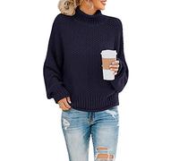 Saodimallsu Ladies Jumpers Turtleneck Oversized Sweaters Batwing Long Sleeve Loose Chunky Knit Pullover (Large, Navy)