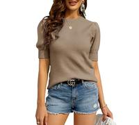 Saodimallsu Puff Short Sleeve Pullover Women's T-Shirt Fine Knit Crew Neck Lightweight Knitted Jumper Stretch Blouse Basic Tops, khaki, L