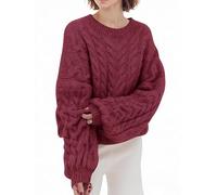 Saodimallsu Pullover Women's Oversized Crew Neck Knitted Jumper Long Sleeve Cable Knit Chunky Knit Jumper Tops Plain Casual Winter Tops, wine red, L