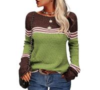 Saodimallsu Women Colorblock Pullover Long Sleeve Knitted Sweater Crew Neck Knitwear Tops for Autumn and Winter,Army Green,S