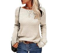 Saodimallsu Women Colorblock Pullover Long Sleeve Knitted Sweater Crew Neck Knitwear Tops for Autumn and Winter,Beige-A,M