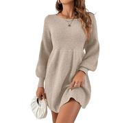 Saodimallsu Women's Apricot S Size A-line Mini Dress with Puff Sleeves, High Waist, Crew Neck, Solid, Ribbed Knit, Casual, Party, Autumn, Winter