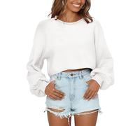 Saodimallsu Women's Bell Sleeve Crew Neck Knitted Jumper Casual Loose Tops Autumn Winter Long Sleeve Sweater, White, S