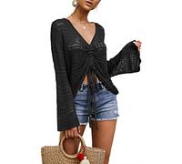 Saodimallsu Womens Boho Off Shoulder Sheer Crop Tops Bell Sleeve Flowy Oversized Crochet Ruched Jumpers Sweaters Black M