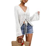 Saodimallsu Womens Boho Off Shoulder Sheer Crop Tops Bell Sleeve Flowy Oversized Crochet Ruched Jumpers Sweaters White XL