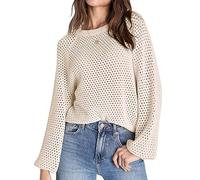 Saodimallsu Women's Crew Neck Mesh Long Sleeve Tops Plain Elegant Jumper Sweater, beige, S