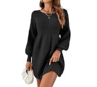 Saodimallsu Womens Crew Neck Mini Sweater Dress Lantern Sleeve High Waisted Rib Knit Dresses Cozy Pullover Long Black M