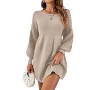 Saodimallsu Womens Crew Neck Mini Sweater Dress Lantern Sleeve High Waisted Rib Knit Dresses Cozy Pullover Long Apricot L