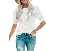 Saodimallsu Womens Cute Short Puff Sleeve Sweaters Loose Crew Neck Lightweight Pointelle Knit Pullover Shirts Tops White