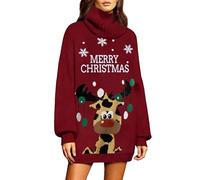 Saodimallsu Women's Knitted Dress, Oversized Turtleneck Jumper Dress, Long Sleeve Plain Elegant Mini Dress, Christmas Dress, Lantern Sleeves, Christmas Winter Dress, red, L