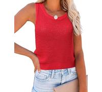 Saodimallsu Women's Knitted Tank Top Summer Sleeveless Tops Crew Neck Blouse Crochet Skeleton Casual Shirt Sexy Vest Elegant Casual Knitted Top, red, M