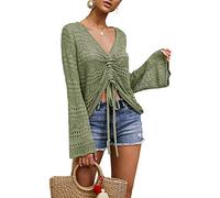 Saodimallsu Womens Oversized V Neck Shirts Flowy Crochet Bell Sleeve Boho Tops Sexy Tie Front Ruched Ruffle Top Blouse Army Green M