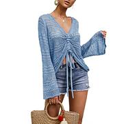 Saodimallsu Womens Oversized V Neck Shirts Flowy Crochet Bell Sleeve Boho Tops Sexy Tie Front Ruched Ruffle Top Blouse Blue L