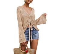 Saodimallsu Womens Oversized V Neck Shirts Flowy Crochet Bell Sleeve Boho Tops Sexy Tie Front Ruched Ruffle Top Blouse Apricot M