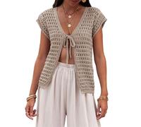 Saodimallsu Women's Summer Cardigan V-Neck Sexy Boho Tops Short Sleeve Open Front Knitted Jumper Crochet Lightweight Beach Bikini Cover Up Short Cardigan, khaki, L