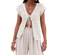 Saodimallsu Women's Summer Cardigan V-Neck Sexy Boho Tops Short Sleeve Open Front Knitted Jumper Crochet Lightweight Beach Bikini Cover Up Short Cardigan, White, M