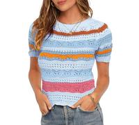 Saodimallsu Women's T-Shirt Striped Short Sleeve Pullover with Colour Block Women's Summer Knitted Jumper Lightweight Casual Tops, lightblue, S