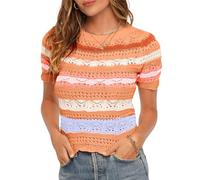 Saodimallsu Women's T-Shirt Striped Short Sleeve Pullover with Colour Block Women's Summer Knitted Jumper Lightweight Casual Tops, orange, M
