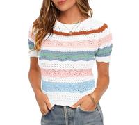 Saodimallsu Women's T-Shirt Striped Short Sleeve Pullover with Colour Block Women's Summer Knitted Jumper Lightweight Casual Tops, White, S