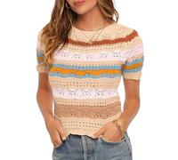 Saodimallsu Women's T-Shirt Striped Short Sleeve Pullover with Colour Block Women's Summer Knitted Jumper Lightweight Casual Tops, beige, XL
