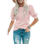 Saodimallsu Womens Tops Lantern Short Sleeve Knit Shirts Casual Crew Neck Cute Dot Pullover Sweaters Tops Pink
