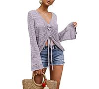 Saodimallsu Womens V Neck Jumpers Boho Off Shoulder Crop Tops Oversized Bell Long Sleeve Crochet Ruched Knit Shirts Light Purple L