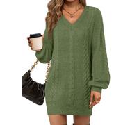 Saodimallsu Women's V Neck Knitted Mini Dress with Cable Knit Lantern Sleeves Sweaters Loose Fit Pullover, Army Green, S