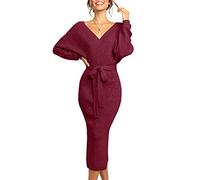 Saodimallsu Women's V-Neck Pullover Bat Wings Elegant Jumper Dress Slit Open Back Bodycon Dress with Belt, wine red, XL