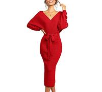 Saodimallsu Women's V-Neck Pullover Bat Wings Elegant Jumper Dress Slit Open Back Bodycon Dress with Belt, deep red, XL