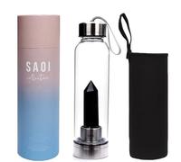 SAOI Crystal Water Bottle - Black Obsidian Gemstone Infused Elixir - Natural Wellness Healing - Glass/Stainless Steel