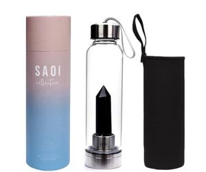 SAOI Crystal Water Bottle - Black Obsidian Gemstone Infused Elixir - Natural Wellness Healing - Glass/Stainless Steel