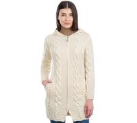 SAOL 100% Merino Wool Aran Cable Knit Hooded Zip Cardigan Irish Coat, Natural, Small