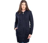 SAOL 100% Merino Wool Aran Cable Knit Hooded Zip Cardigan Irish Coat, Navy, M