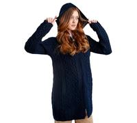 SAOL 100% Merino Wool Aran Irish Cardigan for Women with Pockets, Hood and Celtic Zipper - Blue - X-Large