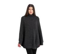 SAOL 100% Merino Wool Cable Knit Ladies Irish Aran Poncho Cardigan, Charcoal, Small-Medium