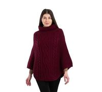 SAOL 100% Merino Wool Cable Knit Ladies Irish Aran Poncho Cardigan, Wine