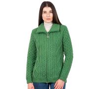 SAOL 100% Merino Wool Cable Knit Women's Zip Bomber Jacket, Green, S