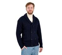 SAOL 100% Merino Wool Double Breasted Shawl Cardigan with Buttons for Men's, Navy, Medium