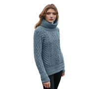 SAOL 100% Merino Wool Fisherman Funnel Neck Irish Aran Sweater for Women, skylights, M