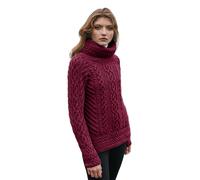 SAOL 100% Merino Wool Fisherman Funnel Neck Irish Aran Sweater for Women, Velvet red, L