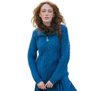 SAOL 100% Merino Wool Irish Cable Knit Zip Bomber Jacket with Pockets for Ladies, Teal, S