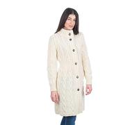SAOL 100% Merino Wool Irish Cardigan for Women with Celtic Knot Buttons -Aran Long Outdoor Cable Knit Coatigan, Natural, L