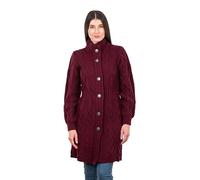 SAOL 100% Merino Wool Irish Cardigan for Women with Celtic Knot Buttons -Aran Long Outdoor Cable Knit Coatigan, Wine, L