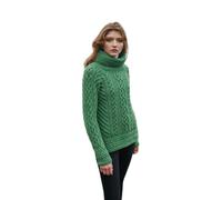 SAOL 100% Merino Wool Irish Fisherman Knitted Funnel Neck Ladies Long Loose Fit Sweater Jumper (Green, X-Large)