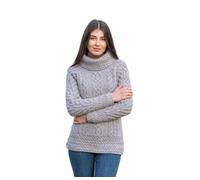 SAOL 100% Merino Wool Irish Fisherman Knitted Funnel Neck Ladies Long Loose Fit Sweater Jumper (Grey, X-Large)