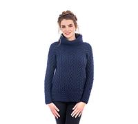 SAOL 100% Merino Wool Irish Fisherman Knitted Funnel Neck Ladies Long Loose Fit Sweater Jumper (Navy, X-Large)