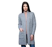 SAOL 100% Merino Wool Irish Long Open Knit Ladies Cardigan (Grey, M)