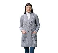 SAOL 100% Merino Wool Ladies Double Breasted Shawl Collar Coat, in Grey/Navy (Grey, Medium)