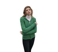 SAOL 100% Merino Wool Ladies Double Collar Zipped Cardigan (Green, X-Large)