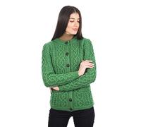SAOL 100% Merino Wool Ladies Irish Buttons Knit Cardigan Lumber Jacket with Pockets, Green, L